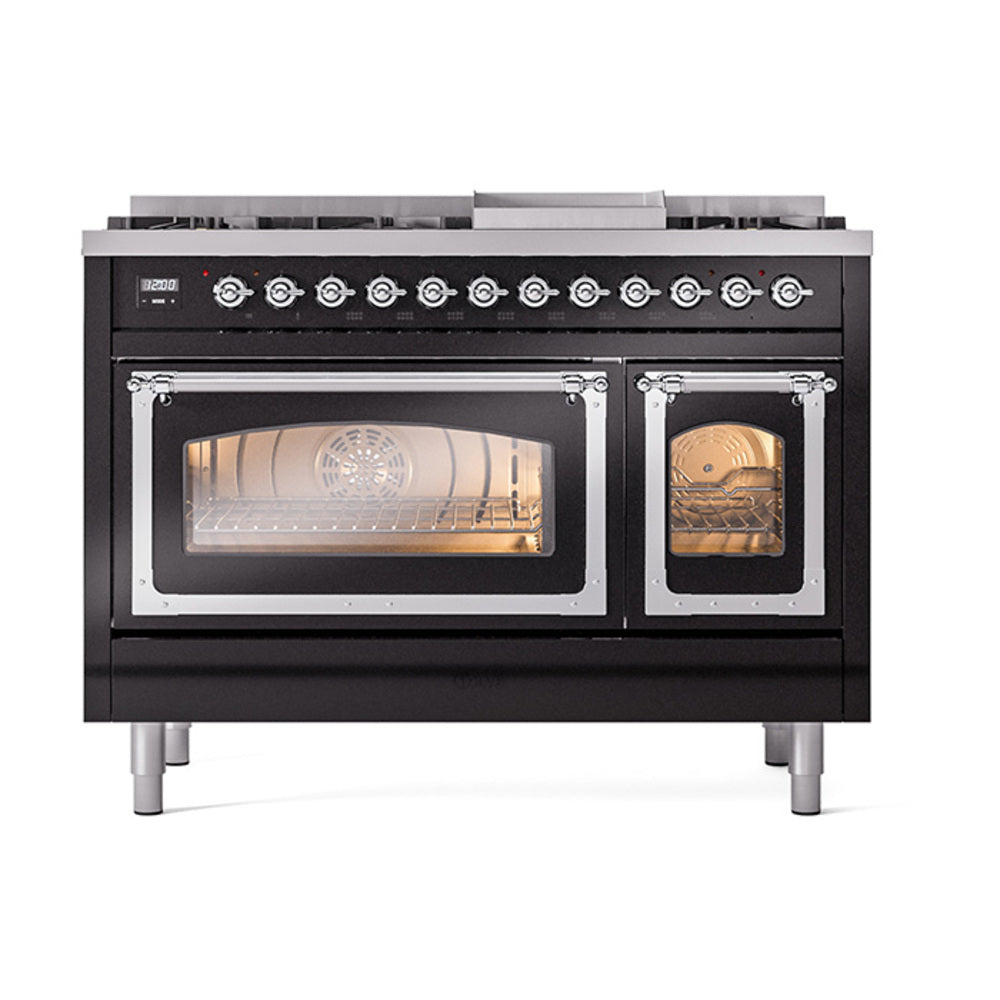 Glossy black dual fuel range with chrome trim and both oven doors open for viewing racks