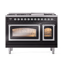 ILVE Nostalgie II Noblesse 48-Inch Freestanding Natural Gas Dual Fuel Range in Glossy Black with Chrome Trim (UN48FNMPBKC)