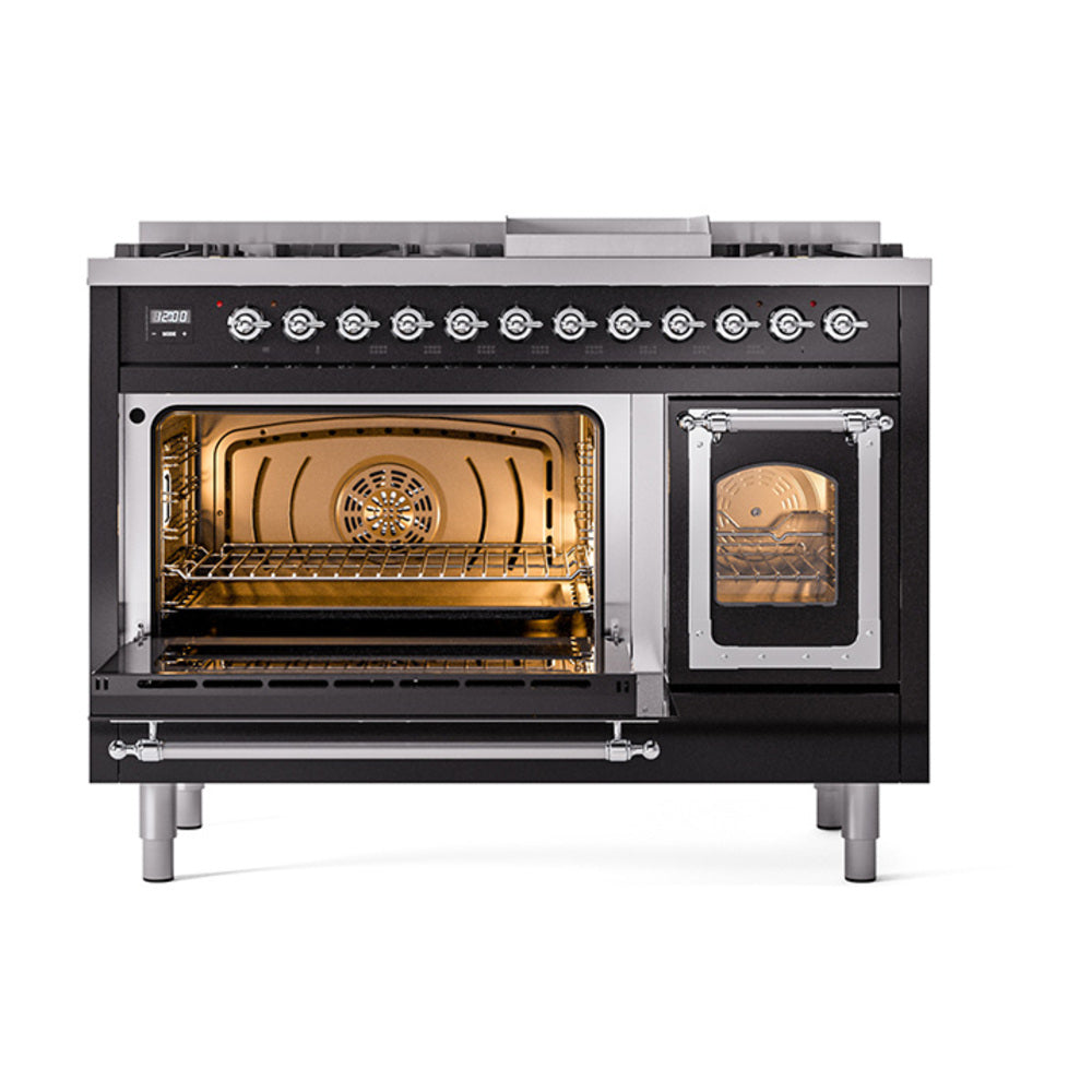 Glossy black freestanding dual fuel range with lit dual oven windows and racks