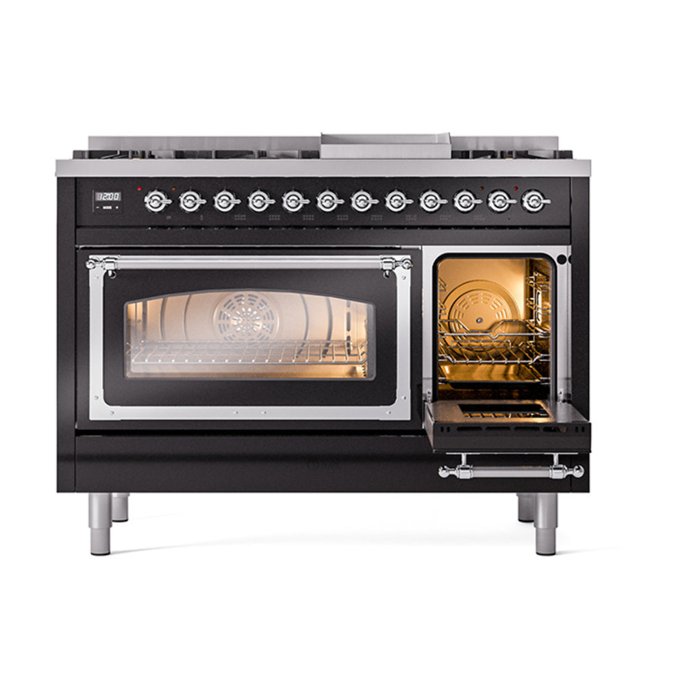 Glossy black range with chrome-trimmed ovens, one door open, warm interior light