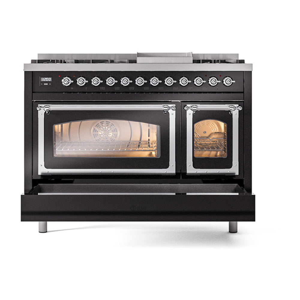Glossy black dual fuel freestanding range front view with chrome-trimmed oven doors