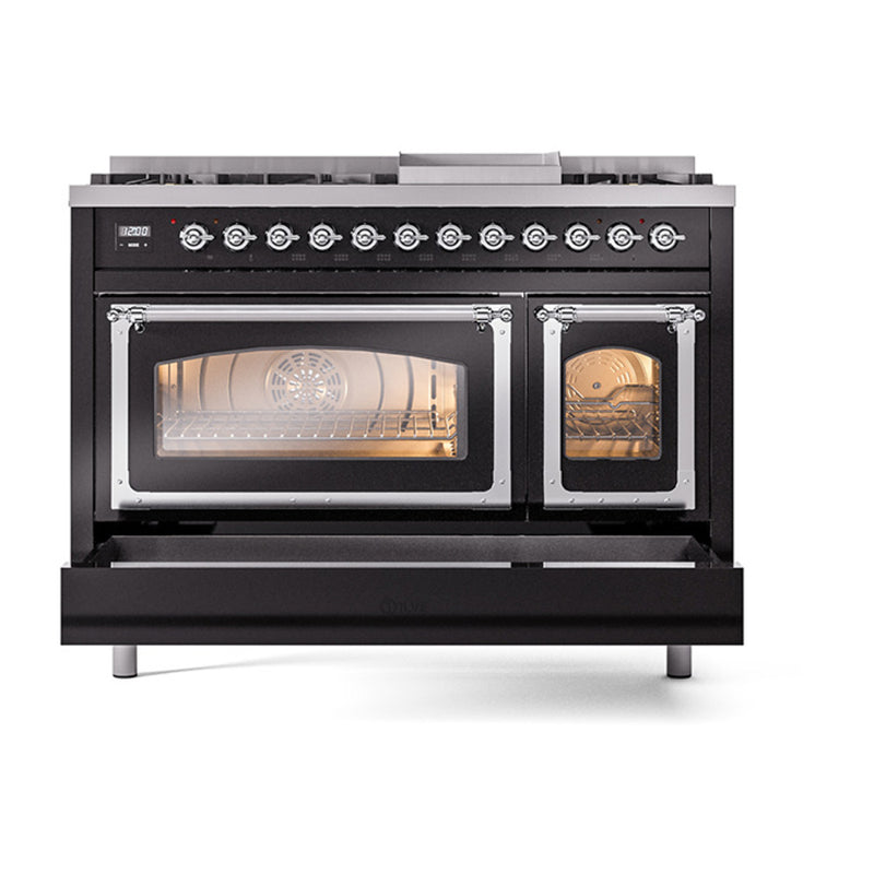 ILVE Nostalgie II Noblesse 48-Inch Dual Fuel Freestanding Range in Glossy Black with Chrome Trim (UN48FNMPBKC)