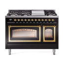 ILVE Nostalgie II Noblesse 48-Inch Dual Fuel Freestanding Range in Glossy Black with Brass Trim (UN48FNMPBKGLP)
