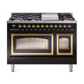 ILVE Nostalgie II Noblesse 48-Inch Freestanding Natural Gas Dual Fuel Range in Glossy Black with Brass Trim (UN48FNMPBKG)