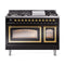 ILVE Nostalgie II Noblesse 48-Inch Freestanding Natural Gas Dual Fuel Range in Glossy Black with Brass Trim (UN48FNMPBKG)