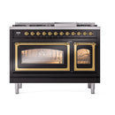 ILVE Nostalgie II Noblesse 48-Inch Freestanding Natural Gas Dual Fuel Range in Glossy Black with Brass Trim (UN48FNMPBKG)