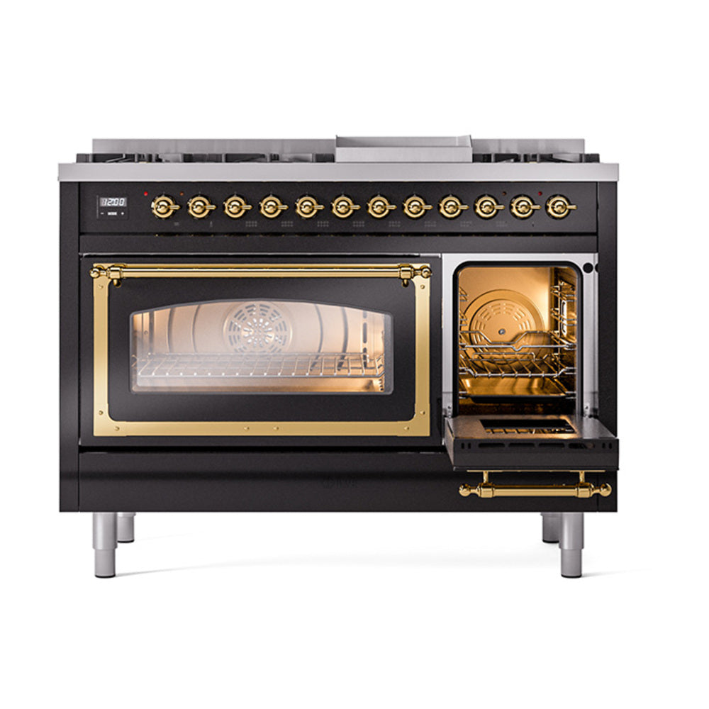 Dual fuel range with left oven window lit and right oven open, brass trim details