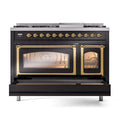 ILVE Nostalgie II Noblesse 48-Inch Freestanding Natural Gas Dual Fuel Range in Glossy Black with Brass Trim (UN48FNMPBKG)