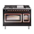 ILVE Nostalgie II Noblesse 48-Inch Freestanding Natural Gas Dual Fuel Range in Glossy Black with Copper Trim (UN48FNMPBKP)