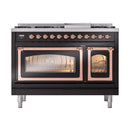 ILVE Nostalgie II Noblesse 48-Inch Freestanding Natural Gas Dual Fuel Range in Glossy Black with Copper Trim (UN48FNMPBKP)