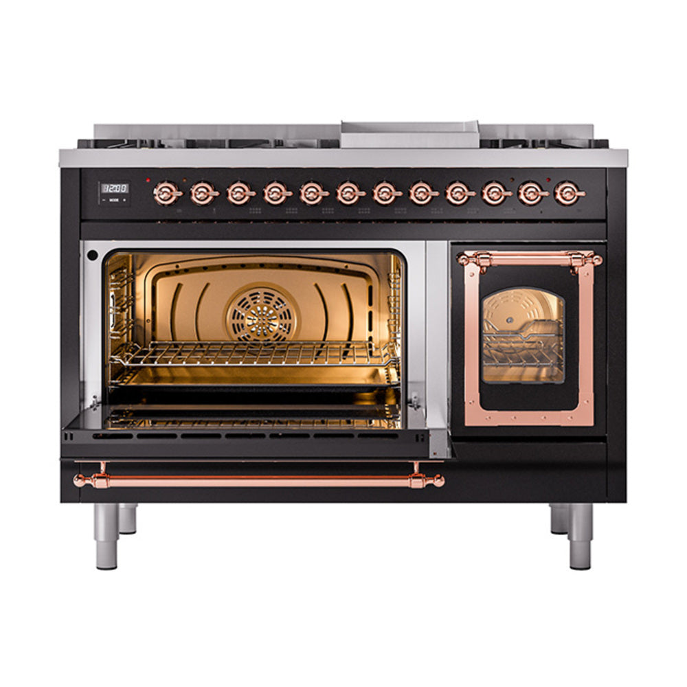 Glossy black dual fuel freestanding range with copper-trim left oven open and right window door