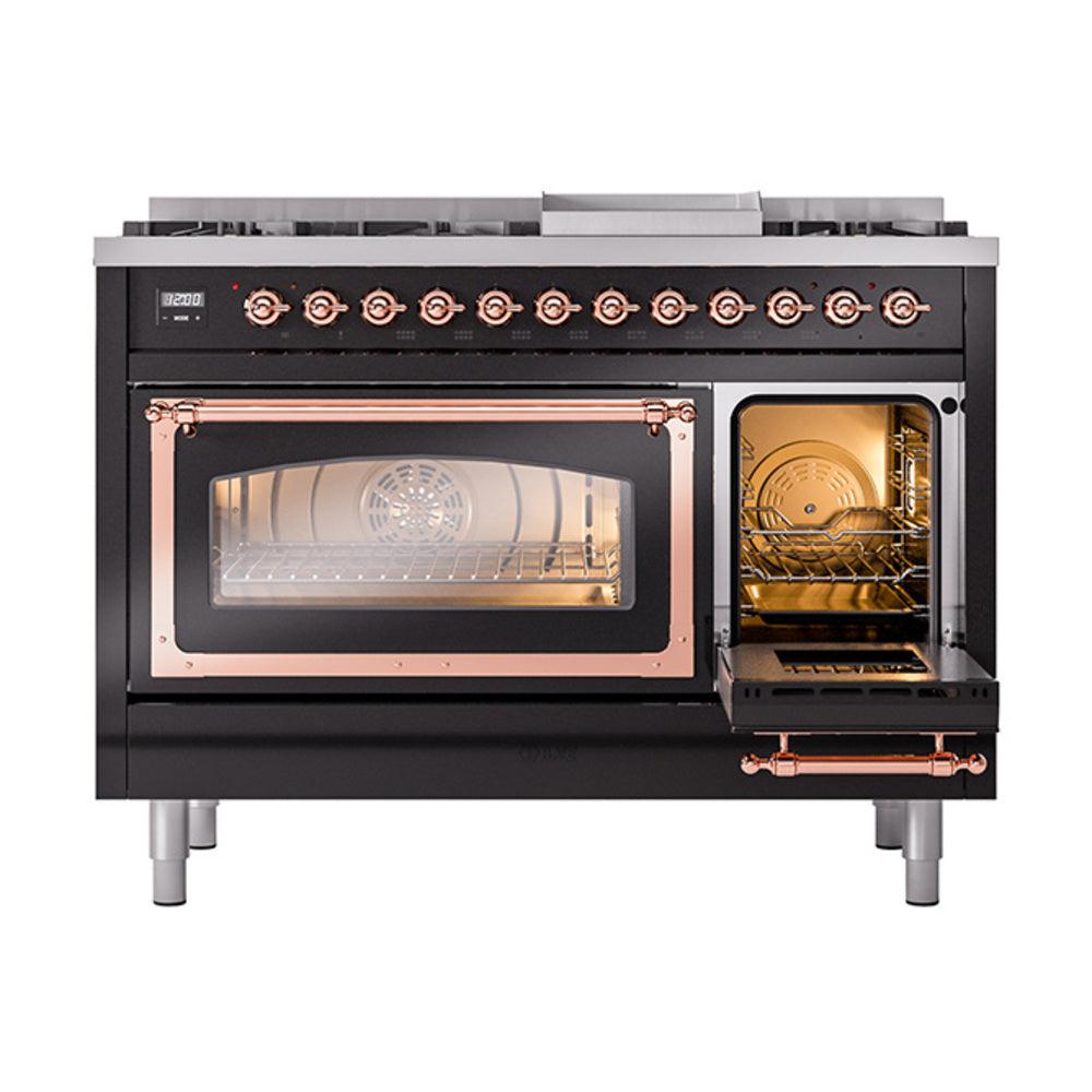 Glossy black dual fuel freestanding range with copper-trim open left oven and closed right oven door