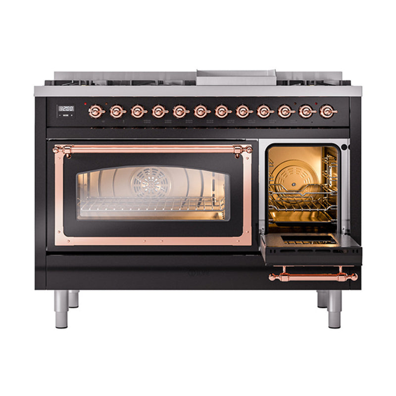 ILVE Nostalgie II Noblesse 48-Inch Dual Fuel Freestanding Range in Glossy Black with Copper Trim (UN48FNMPBKP)