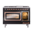ILVE Nostalgie II Noblesse 48-Inch Freestanding Natural Gas Dual Fuel Range in Glossy Black with Copper Trim (UN48FNMPBKP)