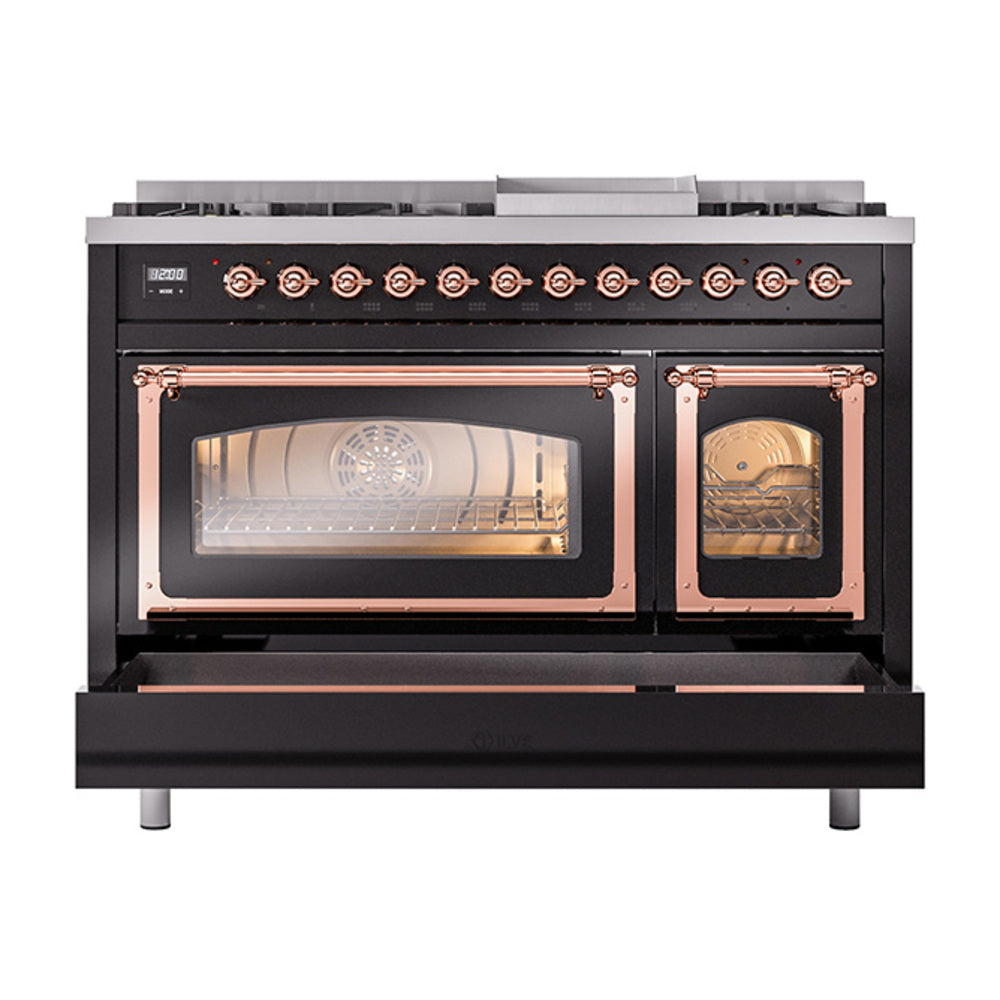 Glossy black dual fuel freestanding range with copper-trim oven doors open and lower drawer
