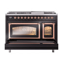ILVE Nostalgie II Noblesse 48-Inch Freestanding Natural Gas Dual Fuel Range in Glossy Black with Copper Trim (UN48FNMPBKP)