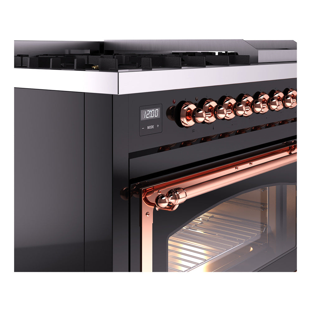 Glossy black range with copper-trim oven door handle and control knob panel