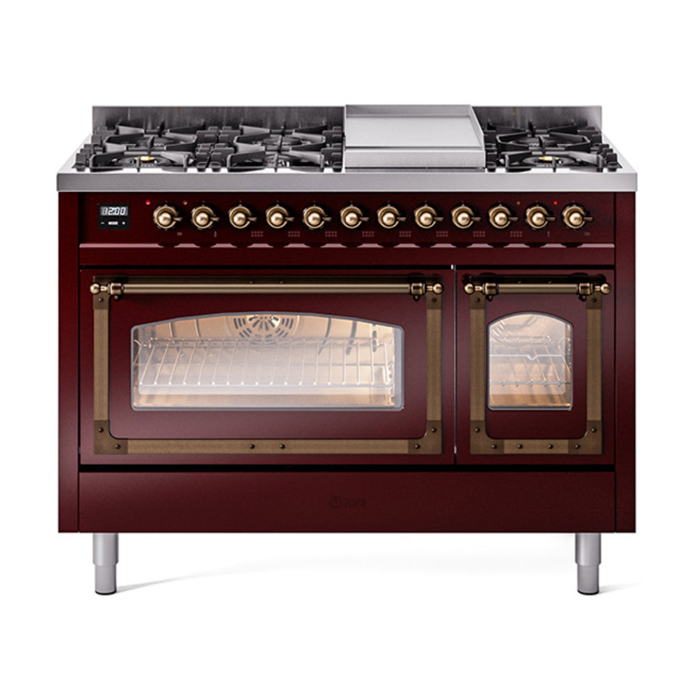 Freestanding dual fuel gas range in burgundy with bronze trim, two oven doors