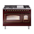 ILVE Nostalgie II Noblesse 48-Inch Freestanding Natural Gas Dual Fuel Range in Burgundy with Burnished Bronze Trim (UN48FNMPBUB)