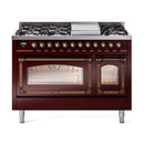 ILVE Nostalgie II Noblesse 48-Inch Freestanding Natural Gas Dual Fuel Range in Burgudy with Bronze Trim (UN48FNMPBUB)