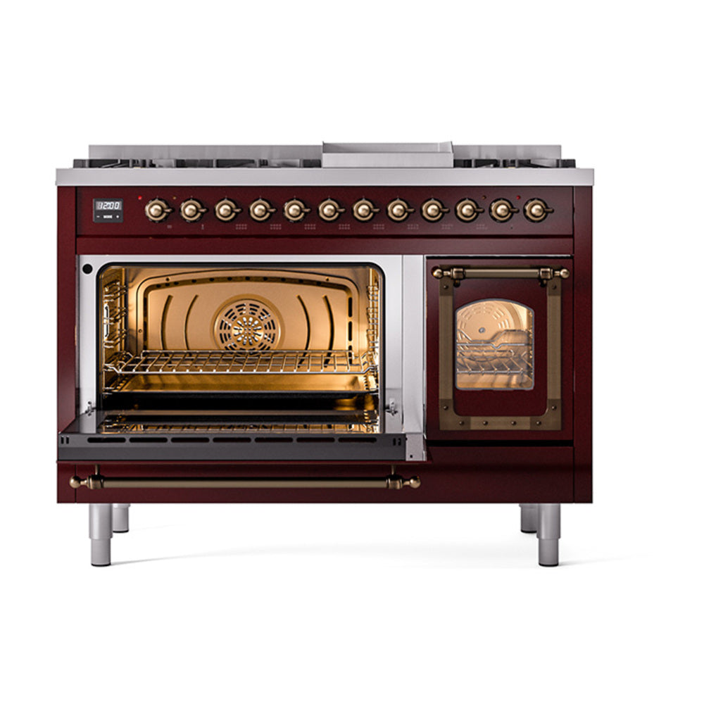 Freestanding dual-fuel range in burgundy with left oven open and right oven door closed