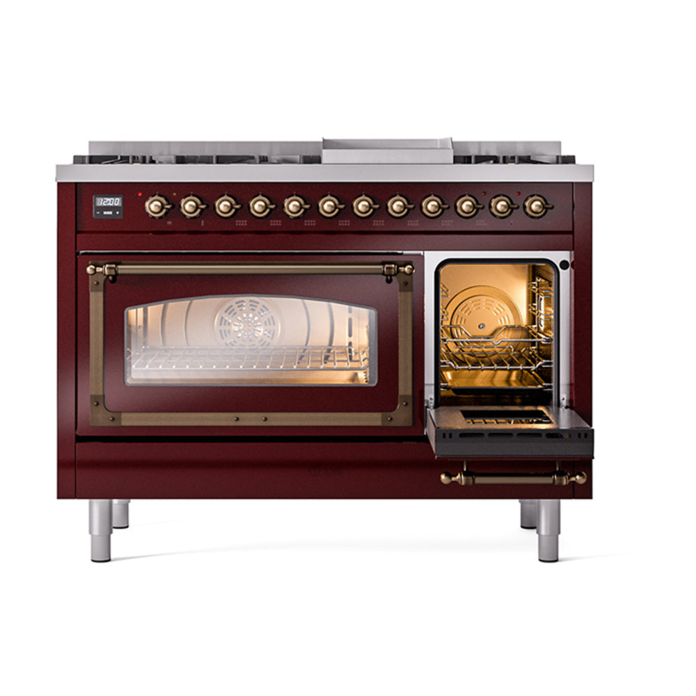 Freestanding dual-fuel range in burgundy with right oven open and left oven door closed