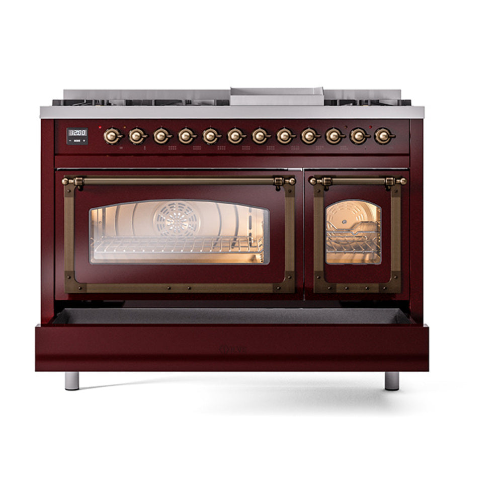 Freestanding dual-fuel range in burgundy with two closed oven doors and bronze accents