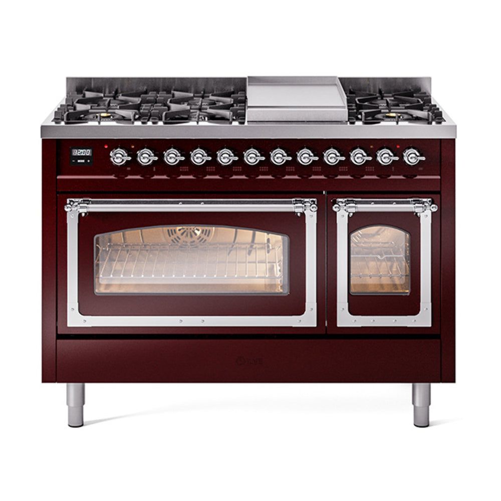 Burgundy freestanding dual fuel gas range with chrome trim, front control knobs and burners