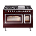ILVE Nostalgie II Noblesse 48-Inch Freestanding Natural Gas Dual Fuel Range in Burgundy with Chrome Trim (UN48FNMPBUC)