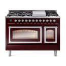 ILVE Nostalgie II Noblesse 48-Inch Freestanding Natural Gas Dual Fuel Range in Burgundy with Chrome Trim (UN48FNMPBUC)