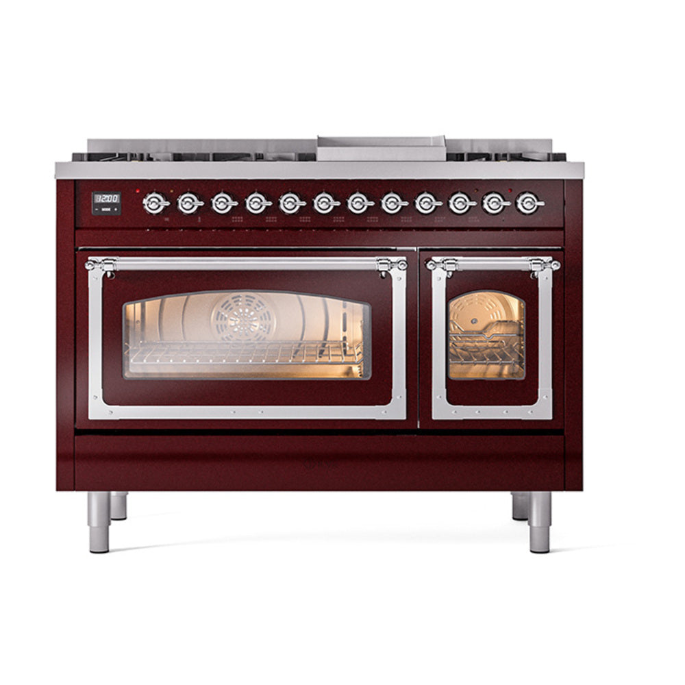 Burgundy dual fuel gas range with two oven doors and lit interior, front chrome trim