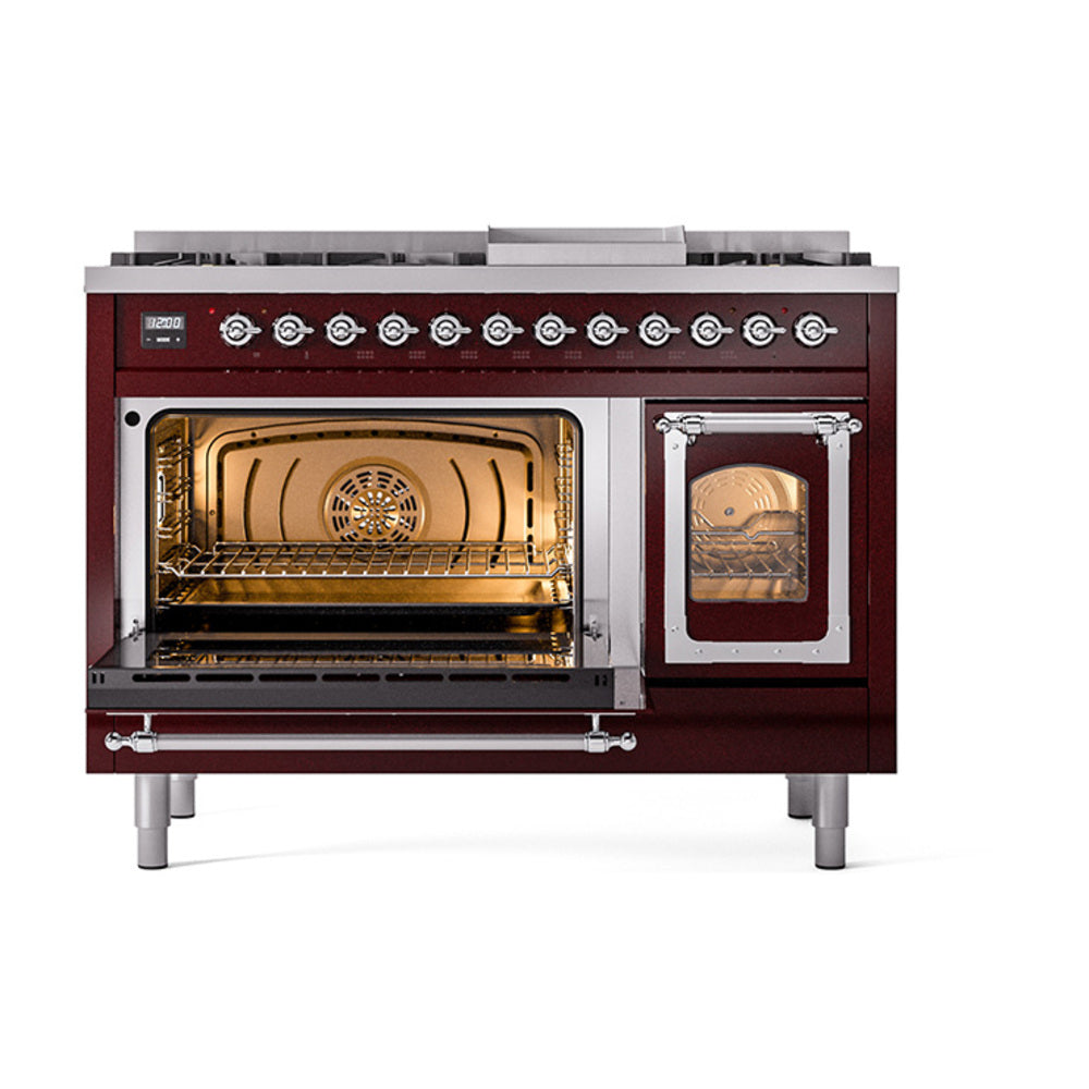 Burgundy freestanding dual fuel range with left oven open; chrome door trim