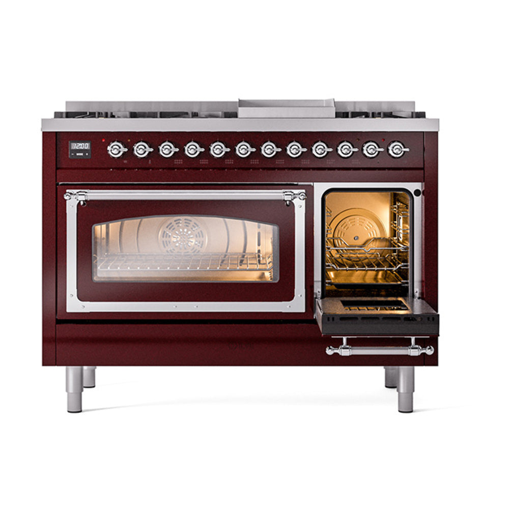Burgundy dual fuel range with left lit oven and right door open, chrome handles