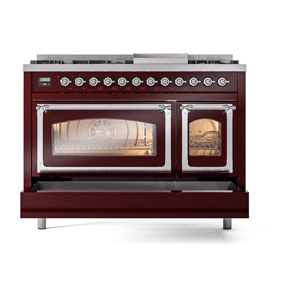 Burgundy freestanding dual fuel gas range with lit oven windows and chrome trim