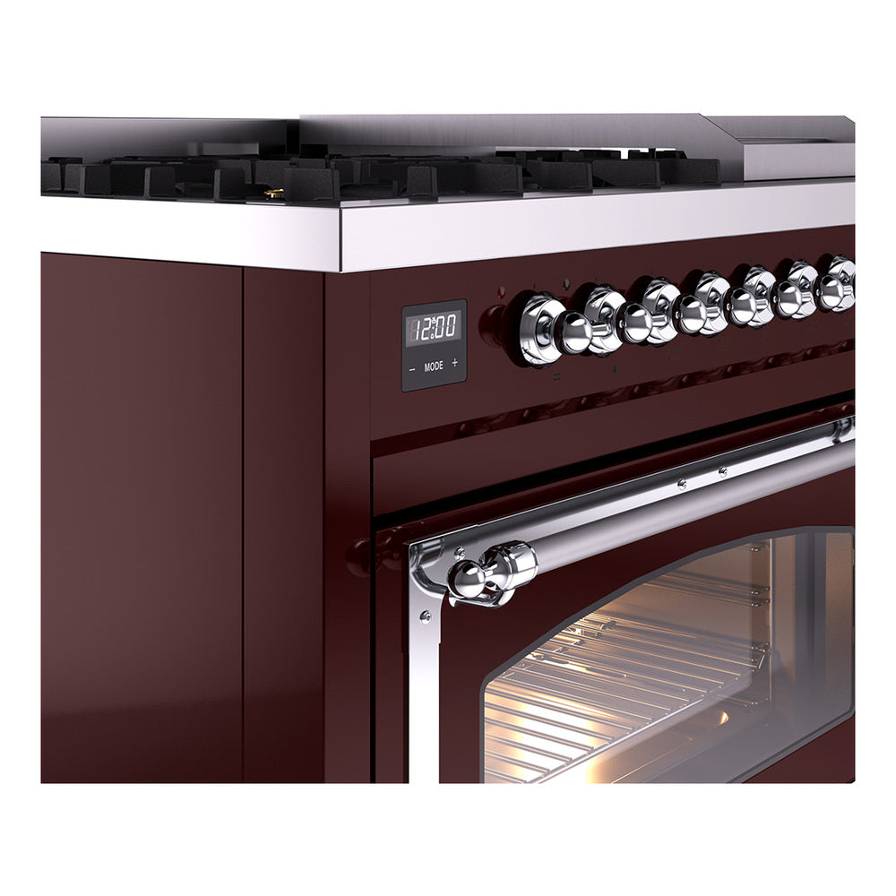 Chrome control knobs and handle on burgundy dual fuel freestanding range