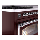 ILVE Nostalgie II Noblesse 48-Inch Freestanding Natural Gas Dual Fuel Range in Burgundy with Chrome Trim (UN48FNMPBUC)