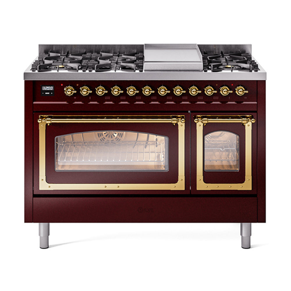 Burgundy freestanding gas dual fuel range with brass trim, front burners and two oven doors
