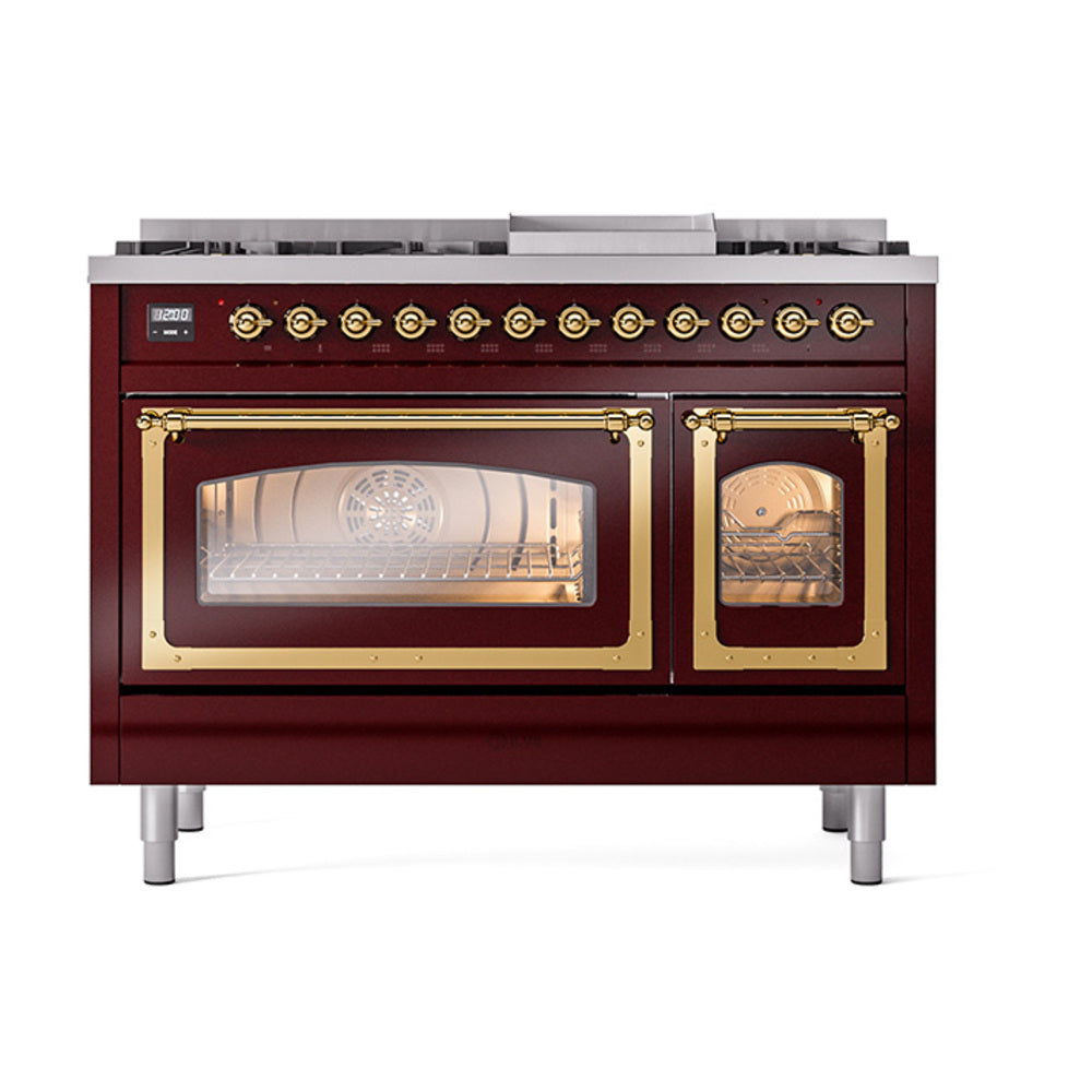 Burgundy dual fuel range with brass trim, two glass oven doors and control panel lights