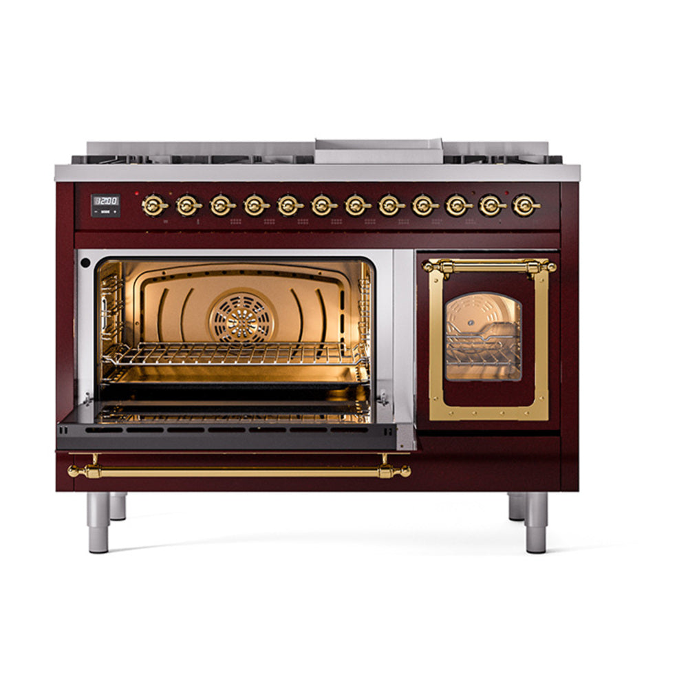 Burgundy freestanding dual fuel range with brass trim, left oven open and right oven open