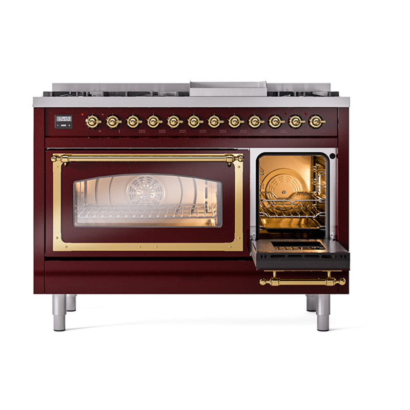 ILVE Nostalgie II Noblesse 48-Inch Dual Fuel Freestanding Range in Burgundy with Brass Trim (UN48FNMPBUG)