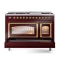 ILVE Nostalgie II Noblesse 48-Inch Dual Fuel Freestanding Range in Burgundy with Brass Trim (UN48FNMPBUGLP)
