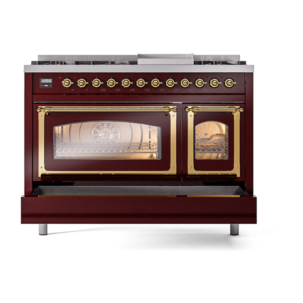 Burgundy freestanding dual fuel range with brass trim, two glass oven doors and knobs