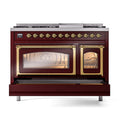 ILVE Nostalgie II Noblesse 48-Inch Freestanding Natural Gas Dual Fuel Range in Burgundy with Brass Trim (UN48FNMPBUG)