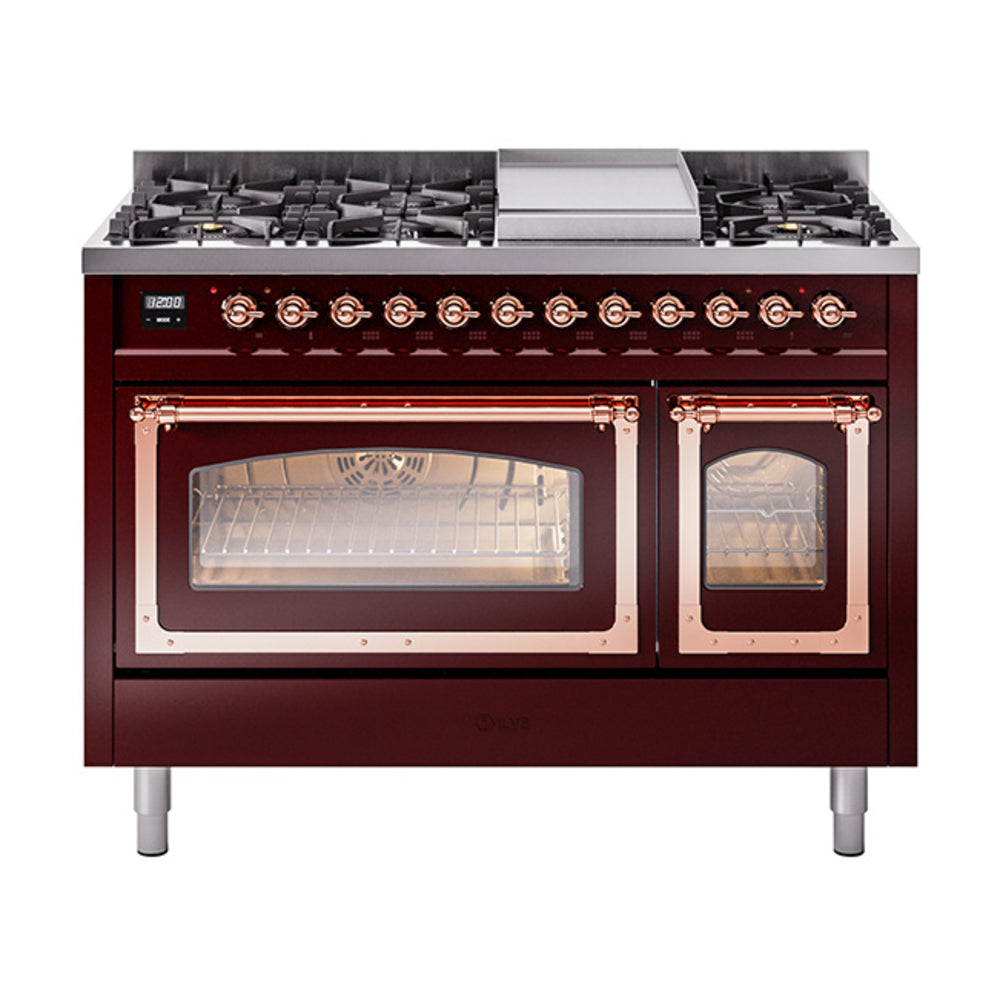 Burgundy freestanding dual fuel range with copper trim, dual ovens, and gas burners