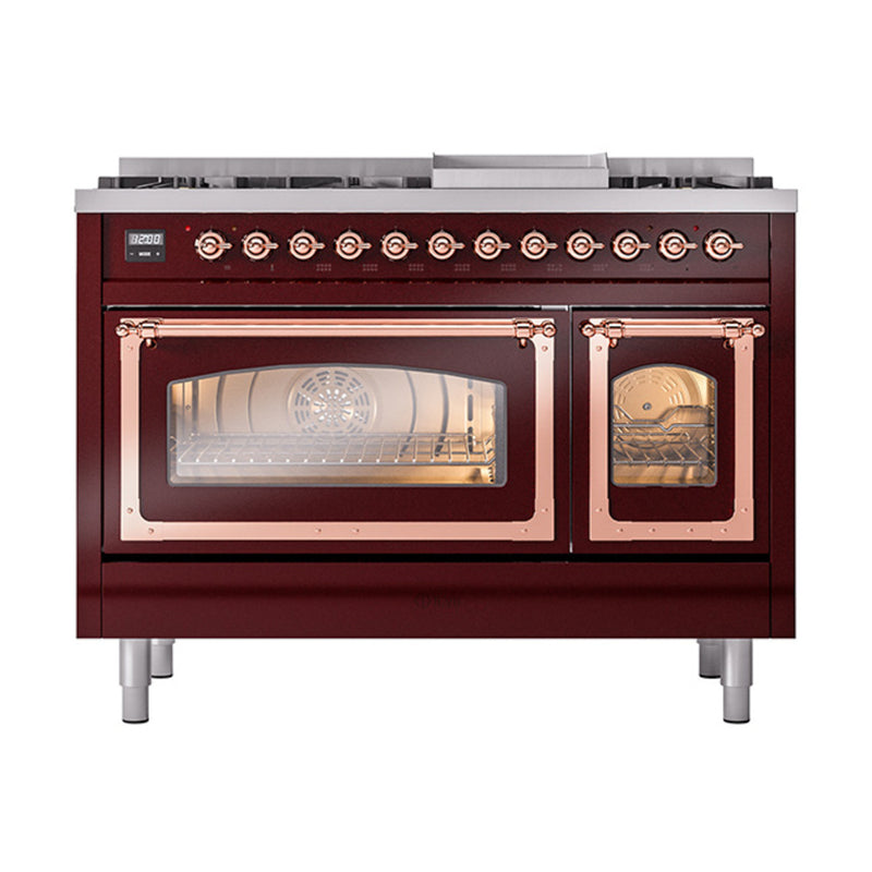 ILVE Nostalgie II Noblesse 48-Inch Dual Fuel Freestanding Range in Burgudy with Copper Trim (UN48FNMPBUP)