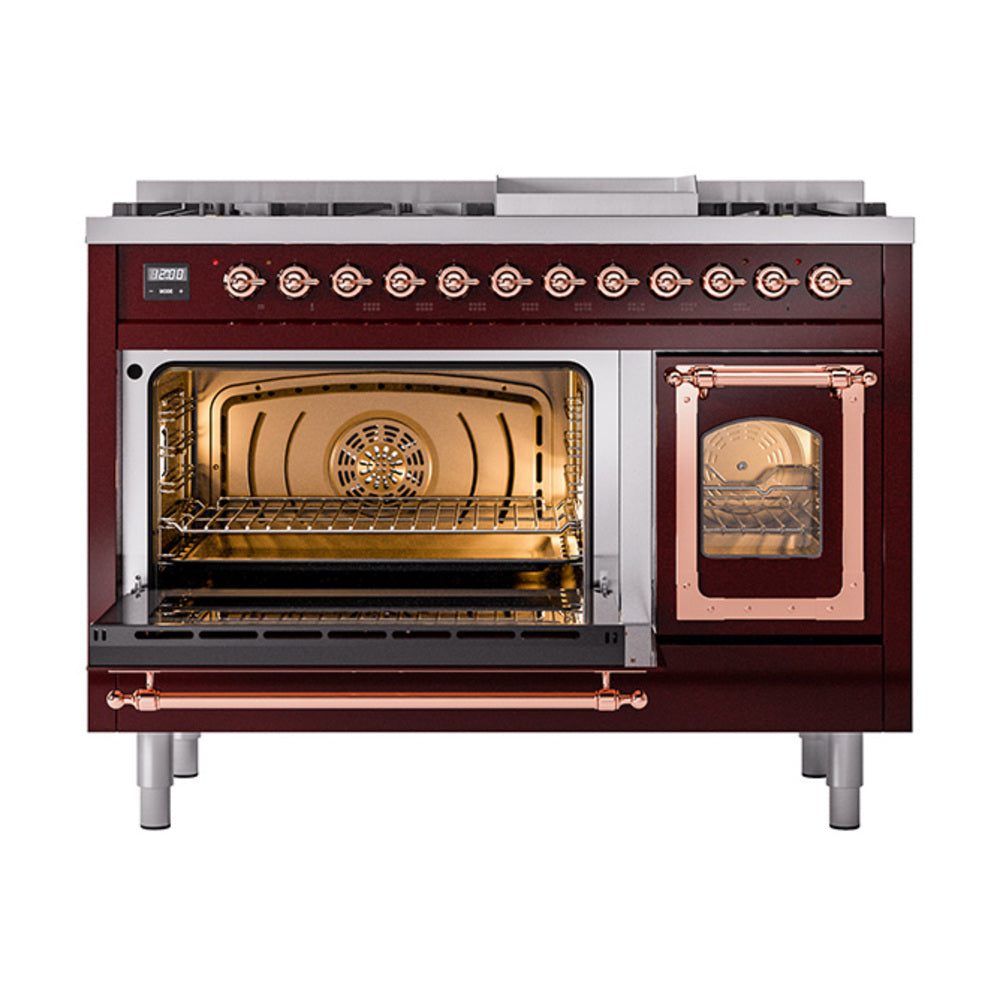 Burgundy dual fuel freestanding range with copper trim, left oven open, right oven closed