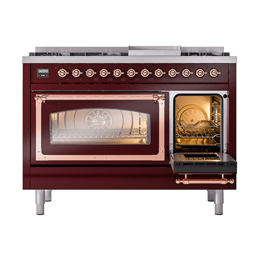 Burgundy freestanding dual fuel range with copper trim, open left oven door and right oven