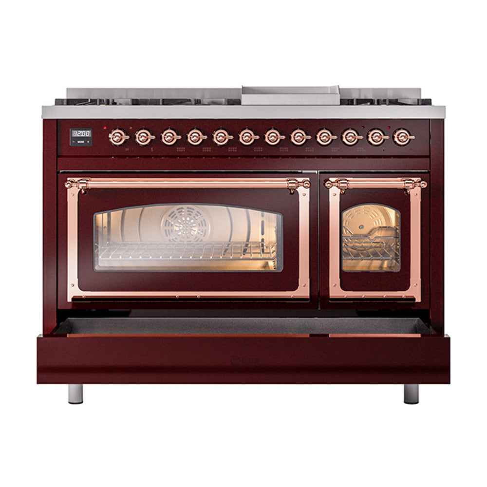 Burgundy dual fuel freestanding range with copper trim, oven doors open and warming interior