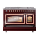 ILVE Nostalgie II Noblesse 48-Inch Freestanding Natural Gas Dual Fuel Range in Burgudy with Copper Trim (UN48FNMPBUP)