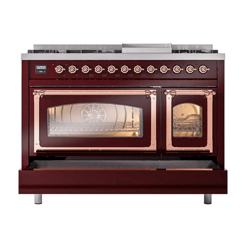 ILVE Nostalgie II Noblesse 48-Inch Dual Fuel Freestanding Range in Burgudy with Copper Trim (UN48FNMPBUP)